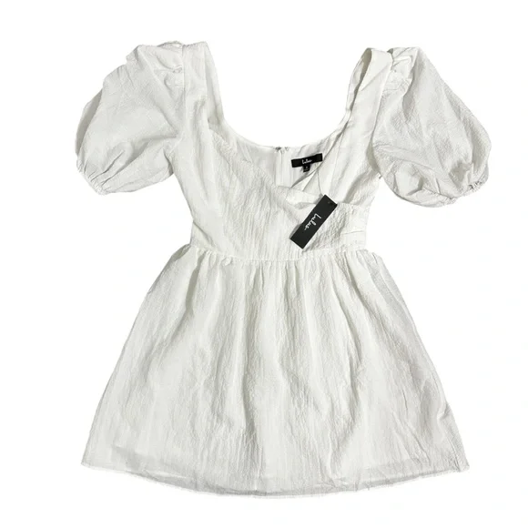Lulus NWT Little Bit In Love White Surplice Puff Sleeve Mini Dress - Picture 4 of 7